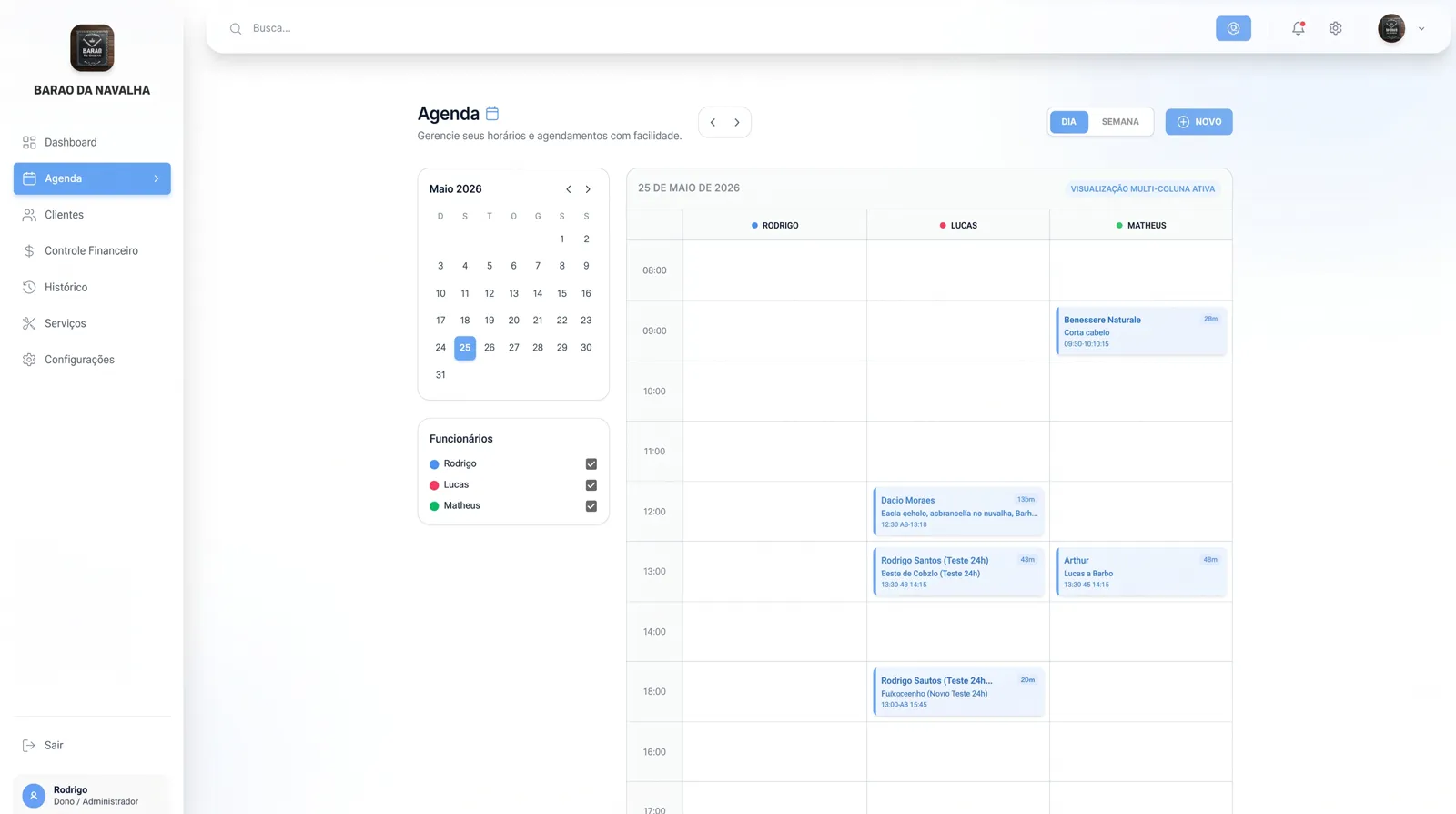 Tela do CRM: Agenda por profissional