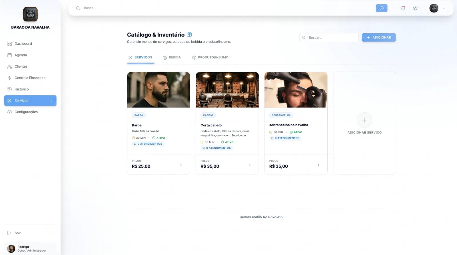 Tela do CRM: Serviços e estoque